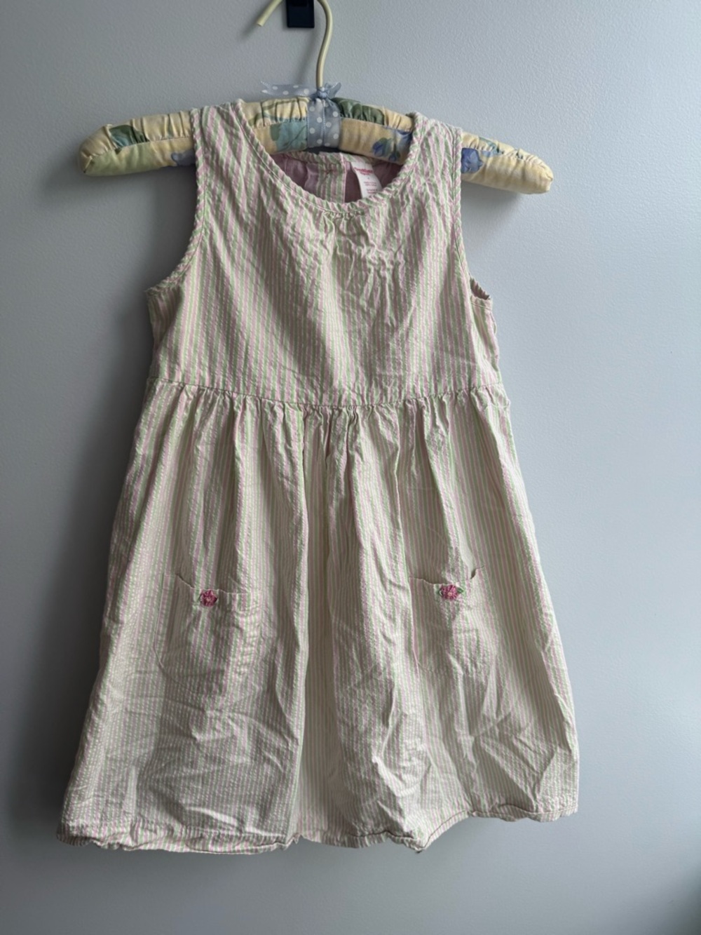 Vintage OshKosh B’gosh Girls' Cream & Pink Striped Sleeveless Dress
